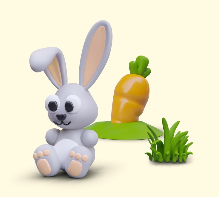 Vector lindo conejo de pascua al estilo de dibujos animados zanahorias naranjas crecen en la hierba verde molida
