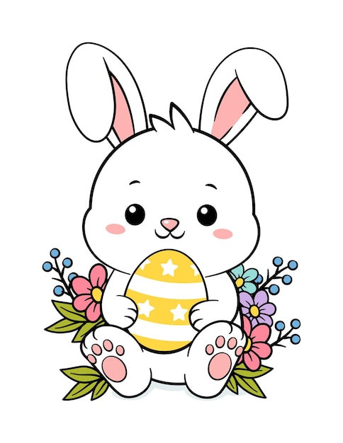 Lindo conejo de Pascua blanco dibujado a mano y huevos