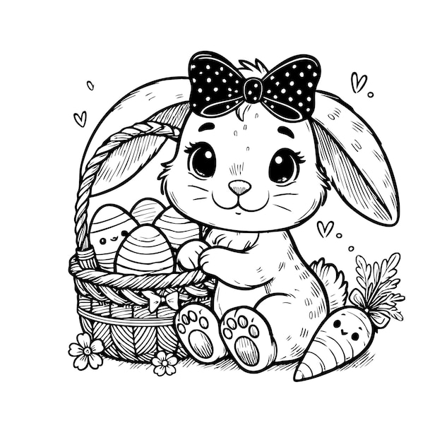 Lindo conejo de Pascua con una canasta llena de huevos decorados perfecto para páginas para colorear y diseños festivos