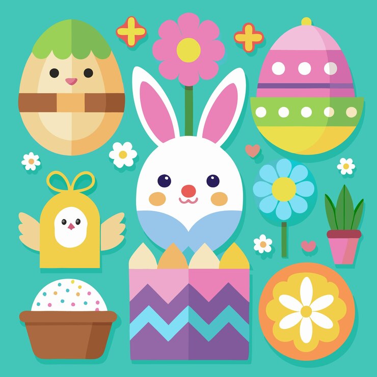 Vector el lindo conejo de pascua con coloridos huevos y flores