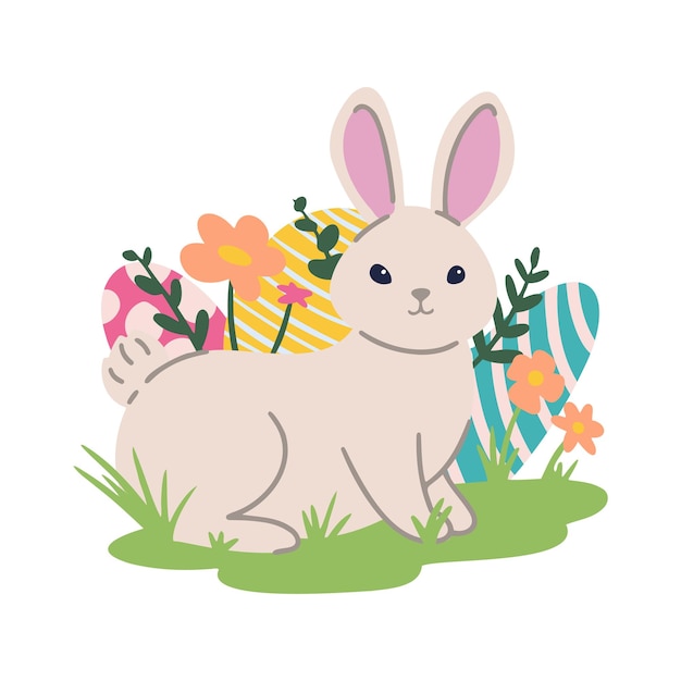 El lindo conejo de pascua esconde huevos pintados en flores y hierba ilustración vectorial en un fondo blanco