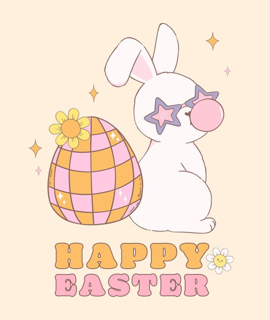 Lindo conejo de Pascua feliz con huevo de Pascua de discoteca dibujado a mano por animales de dibujos animados