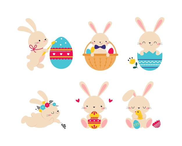 Lindo conejo de Pascua con huevo Ilustración vectorial Conjunto Animales de liebre divertidos Disfrutando del concepto de celebración de vacaciones estacionales