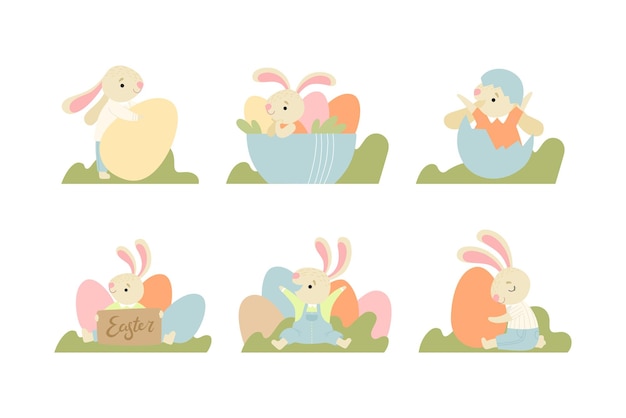 Lindo conejo de Pascua con huevos en el conjunto de vectores del jardín