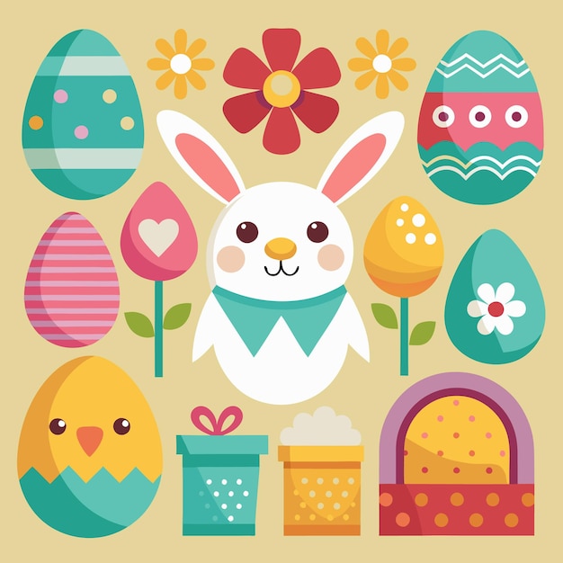 Lindo conejo de Pascua con huevos decorados, flores y regalos.