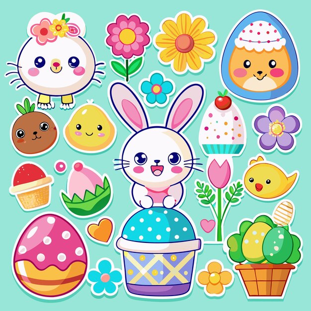 Lindo conejo de Pascua con huevos, flores y otros elementos de temática primaveral