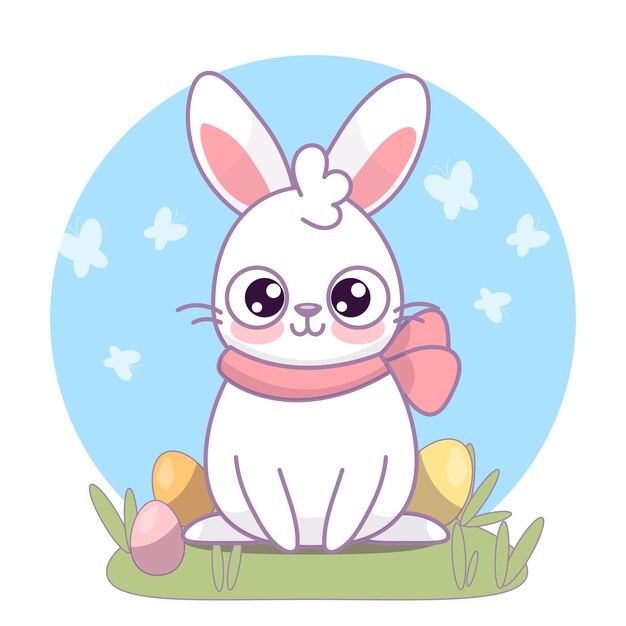Lindo conejo de Pascua con huevos personaje vectorial plano moderno
