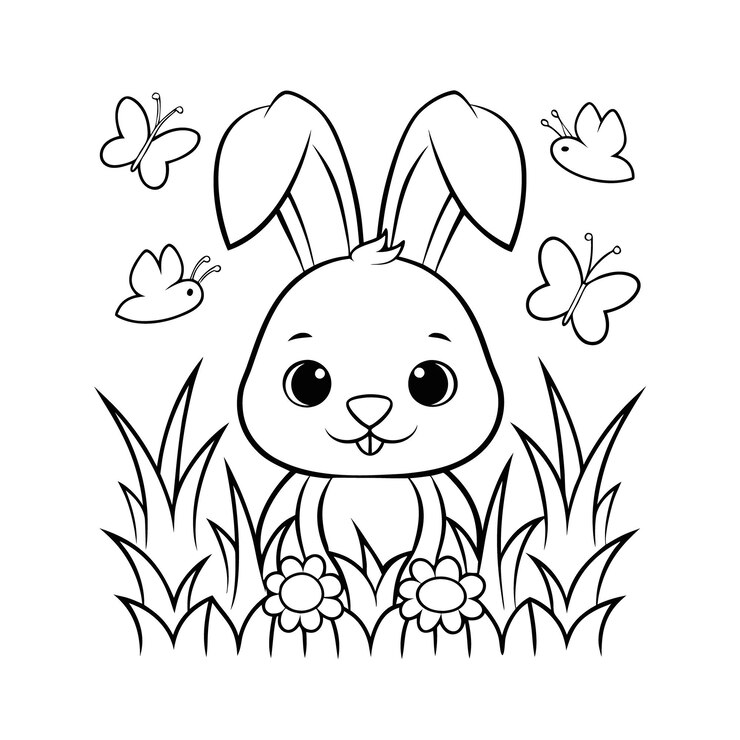 Lindo conejo de Pascua con mariposas y flores