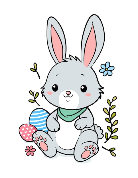 Vector lindo conejo de pascua con pañuelo y huevos