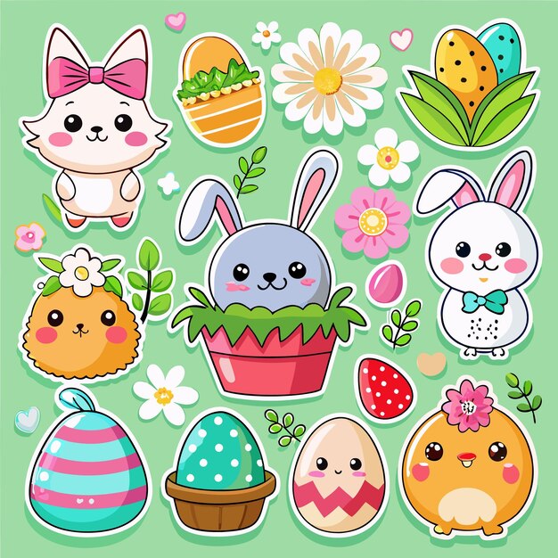 Lindo conejo de Pascua pollo y huevos personajes de dibujos animados en un fondo verde