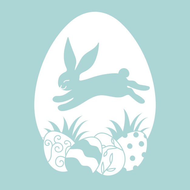 El lindo conejo de Pascua saltando sobre los huevos pintados Feliz día de Pascua Ilustración vectorial dibujada a mano
