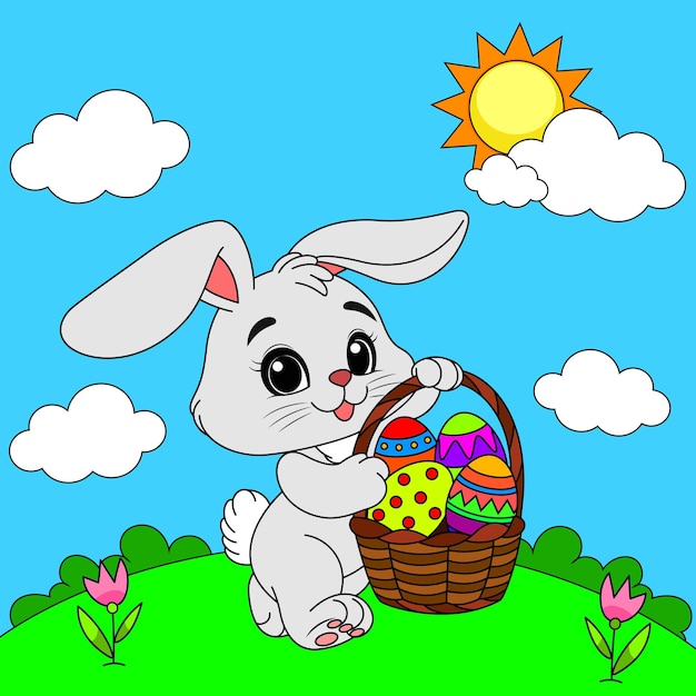 El lindo conejo de Pascua sosteniendo una canasta de huevos coloridos en un campo soleado