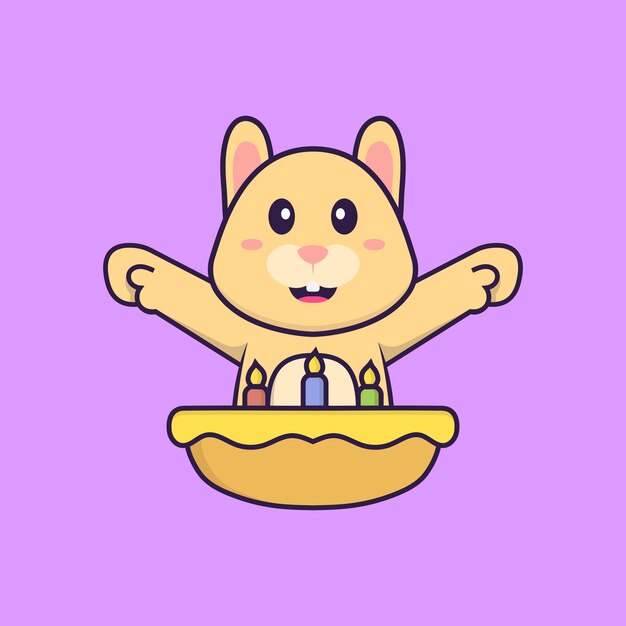 Lindo conejo con pastel de cumpleaños. Concepto de dibujos animados de animales aislado. Estilo de dibujos animados plana