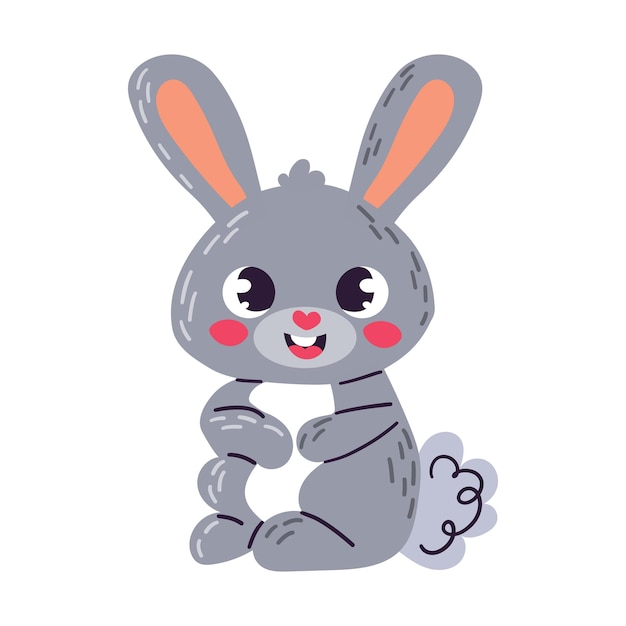 Lindo conejo peludo gris aislado sobre fondo blanco Vector de dibujos animados Doodle