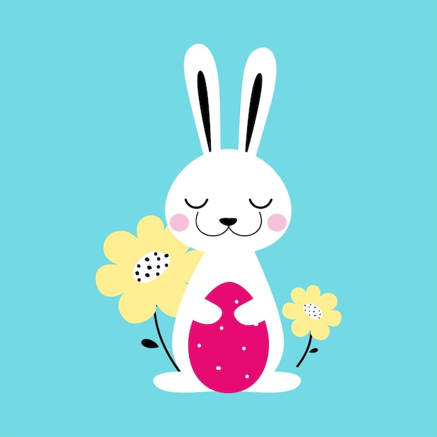 El lindo conejo pequeño sosteniendo huevos decorados y flores de primavera adorable conejo blanco de Pascua tarjeta de caza de huevos de Pascua cartel de invitación diseño de estilo de dibujos animados ilustración vectorial