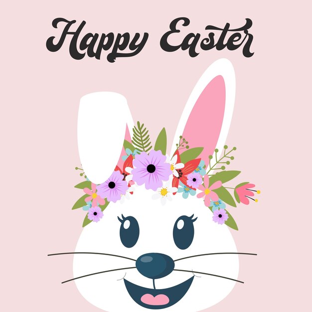 Lindo conejo de primavera con una corona de flores Feliz Primavera Pascua Lindo dibujo animado para pancartas póster
