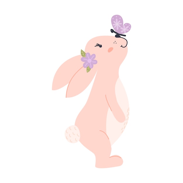 Un lindo conejo rosado con una mariposa en la nariz.