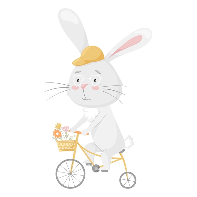 Lindo conejo sonriente en una gorra montando una bicicleta con una canasta de flores Actividad divertida de verano Diseño de niños Para tarjetas ropa camiseta impresa Personaje adorable Ilustración vectorial aislada en blanco