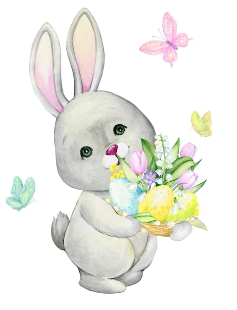 Un lindo conejo sostiene un huevo de pascua. un concepto de acuarela sobre un fondo aislado en un estilo de dibujos animados.