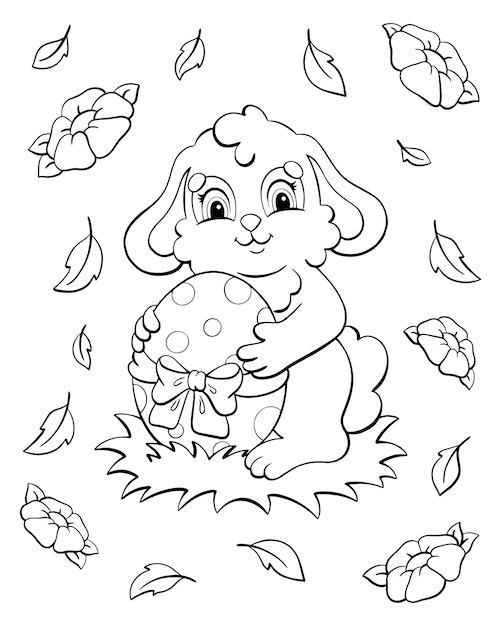 Un lindo conejo sostiene un huevo de Pascua en sus patas Página de libro para colorear para niños Personaje de estilo de dibujos animados Ilustración vectorial aislado sobre fondo blanco
