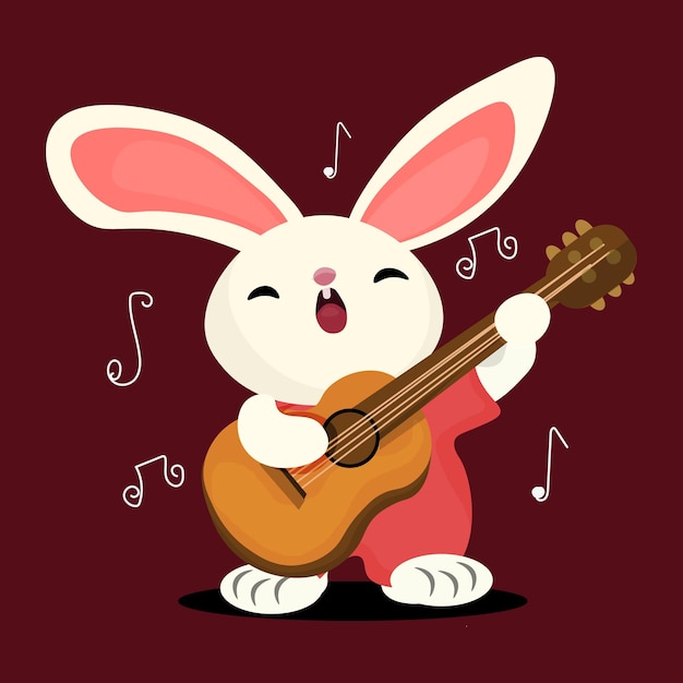 Lindo Conejo Tocando La Guitarra Ilustración Vectorial De Dibujos Animados Concepto De Música Animal Estilo De Dibujos Animados Planos