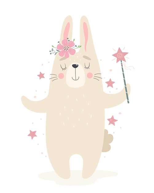 Lindo conejo con varita mágica. ilustración en un estilo plano.
