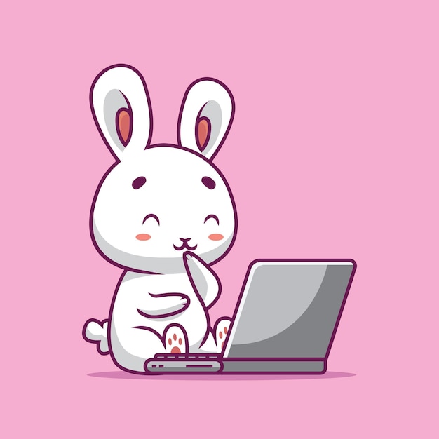 Lindo conejo viendo la película en la ilustración de dibujos animados de la computadora portátil