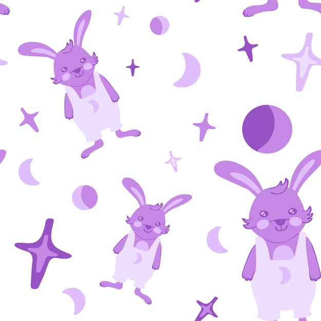 Lindo conejo violeta con estrellas y patrones sin fisuras de la luna. Ilustración vectorial dibujada a mano.