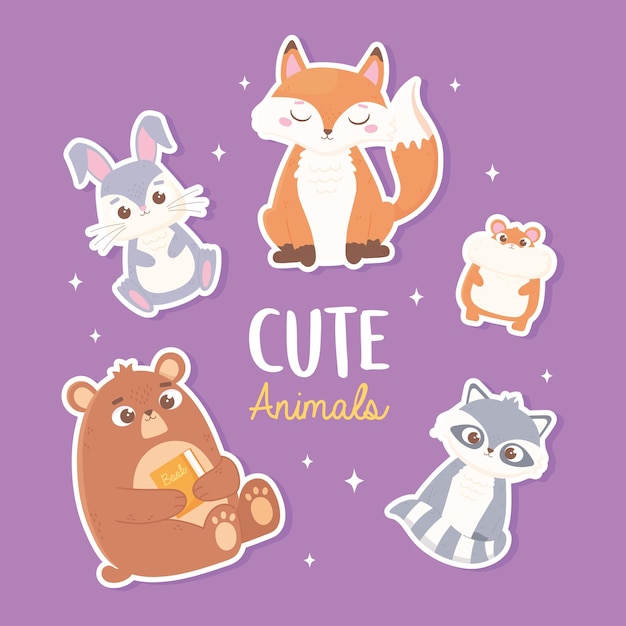 Lindo conejo zorro oso hámster y mapache dibujos animados animales pegatinas ilustración