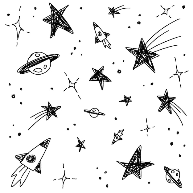 Vector lindo confeti estrella galaxia espacio cielo nocturno meteoro estrella fugaz planeta saturno cohete espolvorear brillo brillo garabato bosquejo pincel pluma tinta resumen negro patrón sin costuras fondo blanco