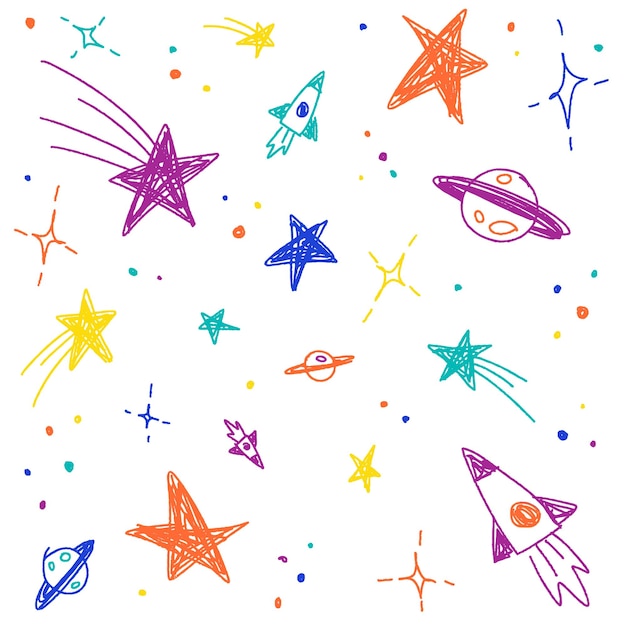 Vector lindo confeti estrella galaxia espacio cielo nocturno meteoro estrella fugaz planeta saturno cohete espolvorear brillo brillo garabato garabato bosquejo pincel pluma tinta color abstracto patrón sin costuras fondo blanco