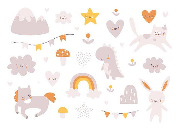 Lindo conjunto de animales bebés escandinavos Paquete de estampados boho de garabatos ingenuos para recién nacidos