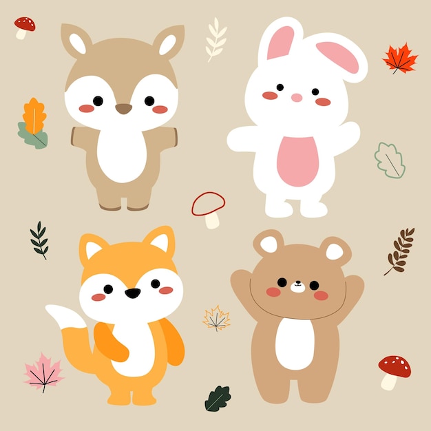 Vector lindo conjunto de animales del bosque de otoño