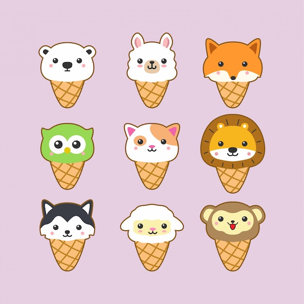 Vector lindo conjunto de animales de helado