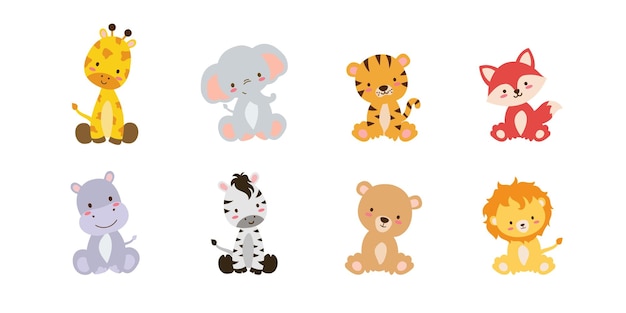 Un lindo conjunto de animales de safari, sabana y safari, animales de caricaturas divertidas, animales de la selva, vecto.