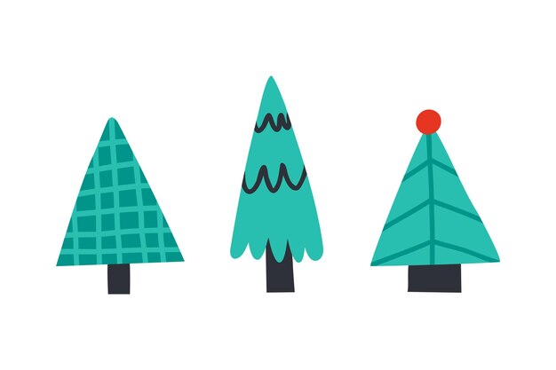 Lindo conjunto de árboles de Navidad dibujados a mano ilustración vectorial en estilo plano