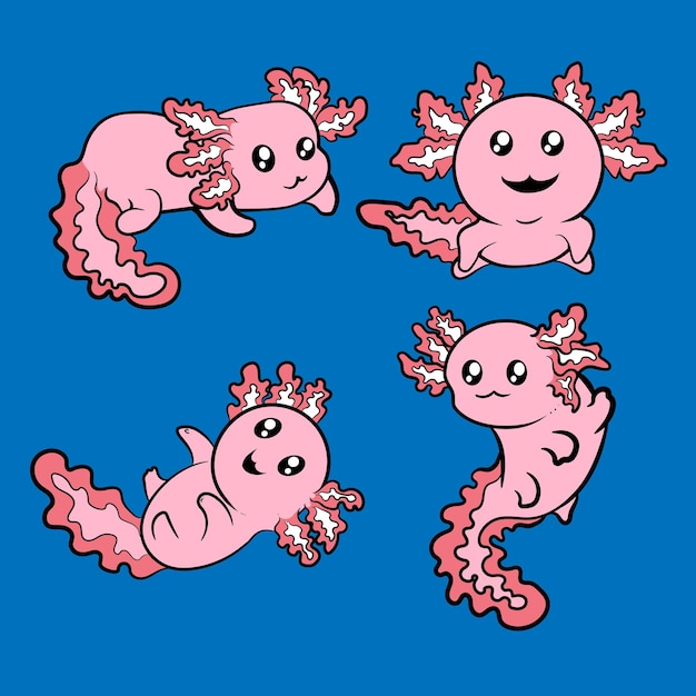 Vector lindo conjunto de axolotl rosa ilustración de dibujos animados para cualquier tipo de diseño