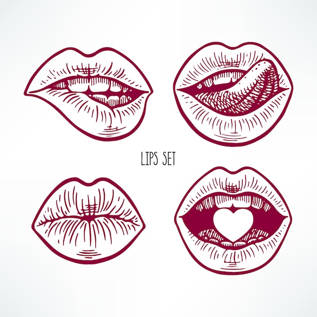 Lindo conjunto de boceto de labios diferentes. ilustración dibujada a mano