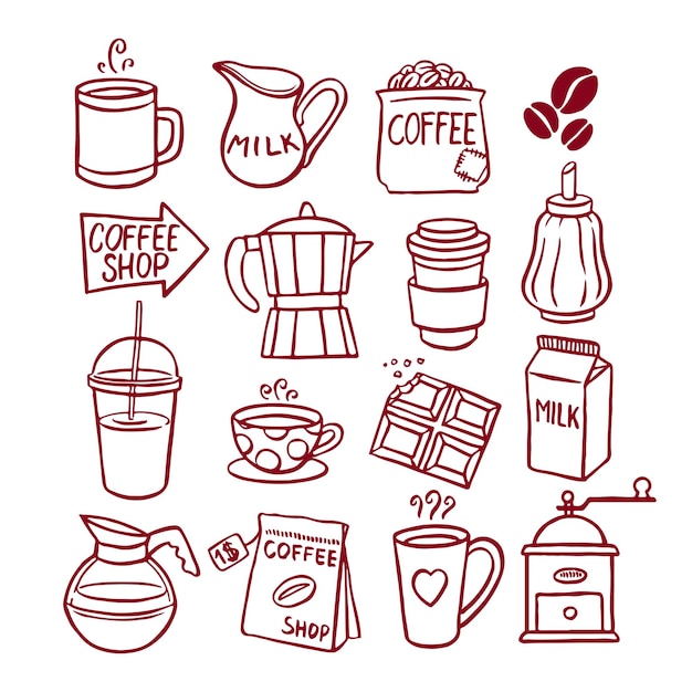 Lindo conjunto de bocetos de iconos de café. ilustración dibujada a mano