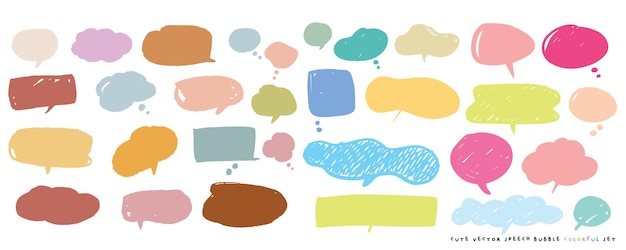 Lindo conjunto de burbujas de habla vectorial colorido Conjunto dibujado a mano de burbujes de habla con escritura a mano