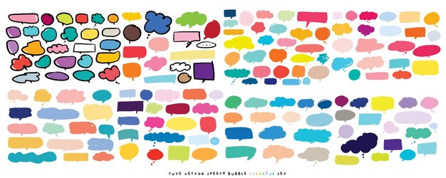 Lindo conjunto de burbujas de habla vectorial colorido Conjunto dibujado a mano de burbullas de habla con manuscrito para libro