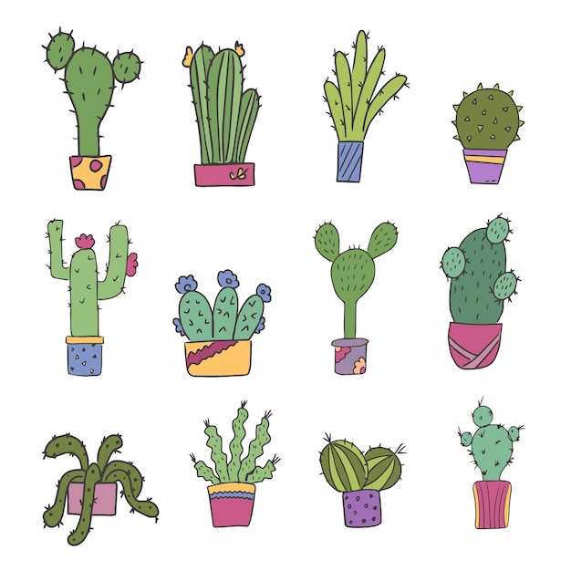 Lindo conjunto de cactus en maceta en la ilustración de estilo garabato Para el diseño de invitaciones postales o pegatinas Vector aislado