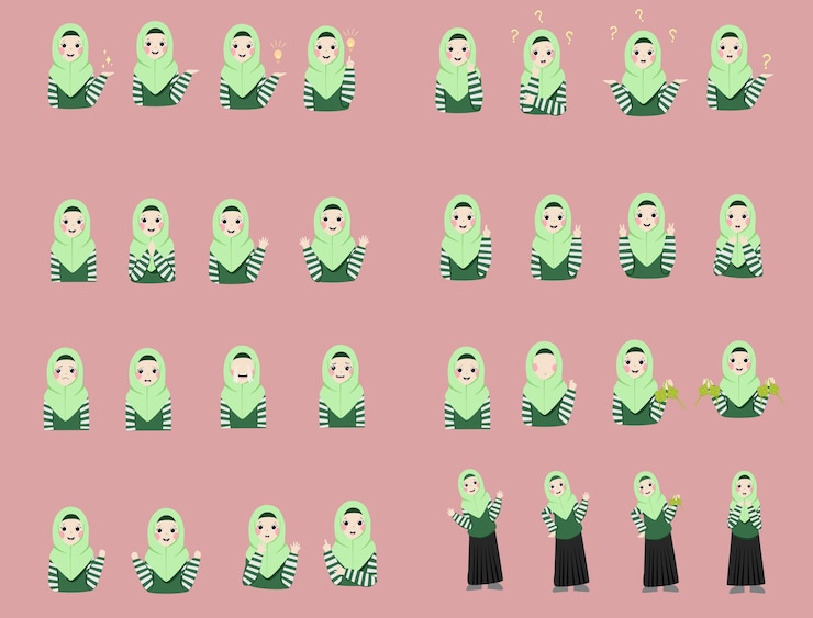 Vector lindo conjunto de caracteres de niña hijab