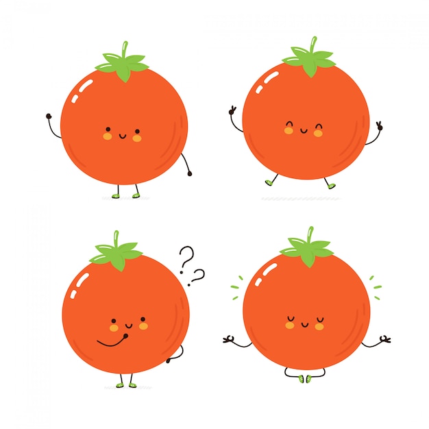 Lindo conjunto de caracteres de tomate feliz colección. aislado en blanco diseño de ilustración de personaje de dibujos animados de vector, estilo plano simple. tomate caminar, entrenar, pensar, meditar concepto