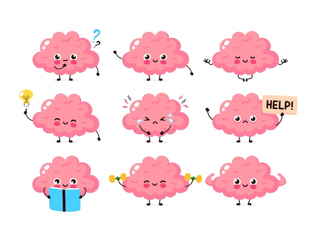 Lindo conjunto de cerebro humano. órgano humano sano y no saludable. diseño de icono de ilustración de personaje de dibujos animados de estilo moderno. nutrición, entrenamiento, protección, cuidado mental, concepto cerebral