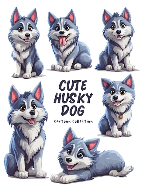 lindo conjunto de colección de dibujos animados de perro husky