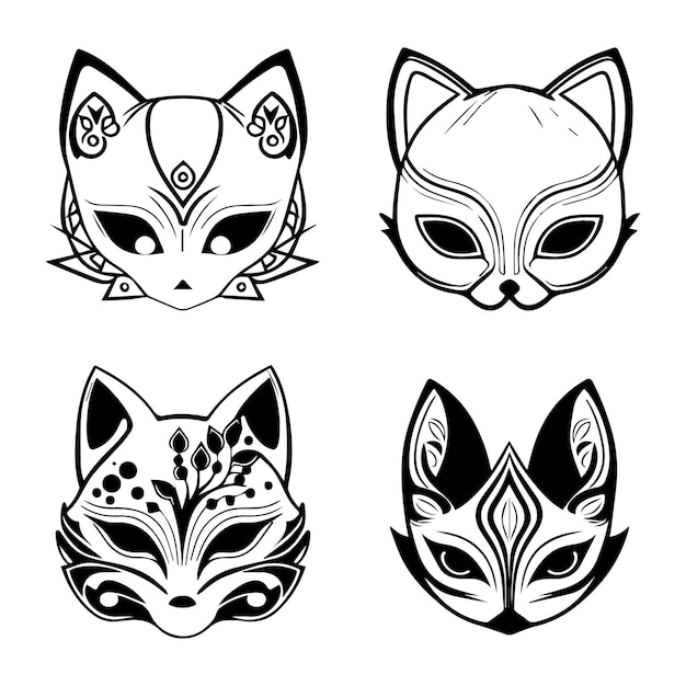 Vector lindo conjunto de colección de máscaras kitsune japonesas ilustración dibujada a mano