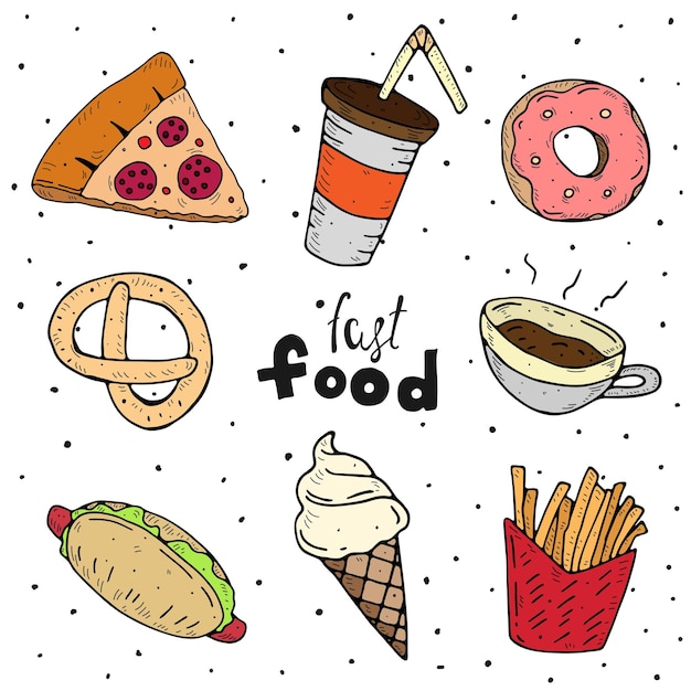 lindo conjunto de comida rápida. ilustración de dibujos animados de vectores