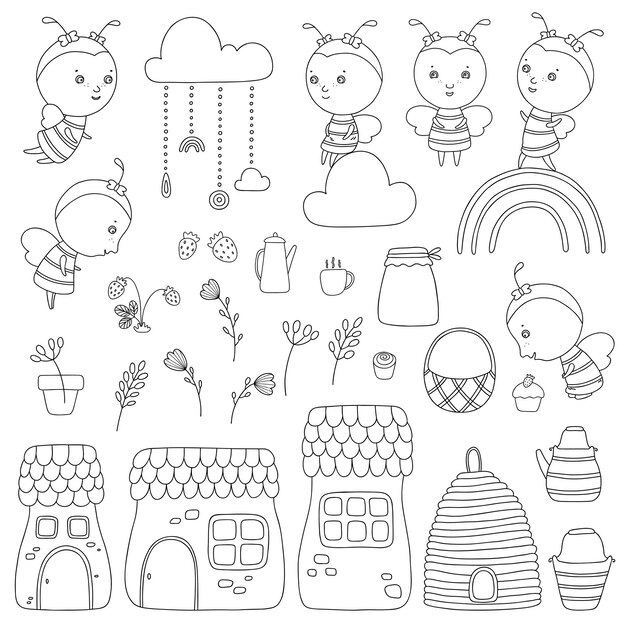 Lindo conjunto de contornos vectoriales para niños libro de colorear con abejas en diferentes posturas casas de hadas y más