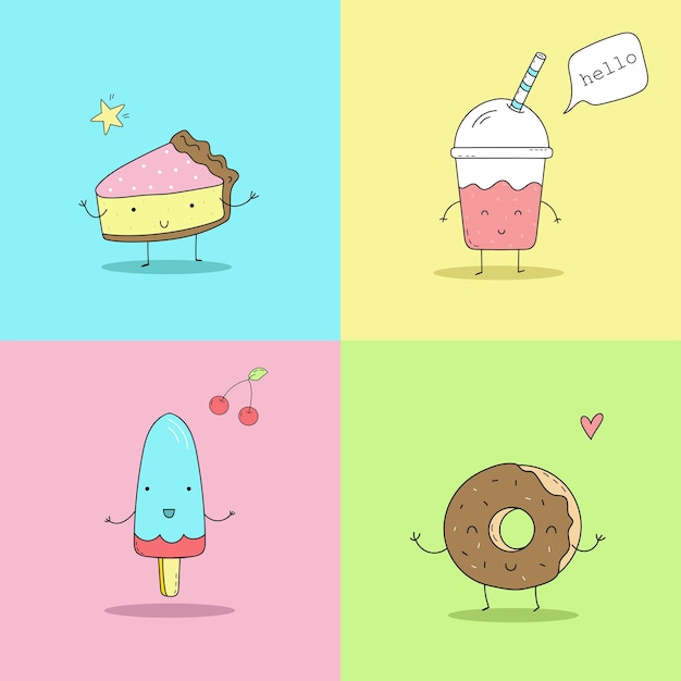 Lindo conjunto dibujado a mano con comida de divertidos dibujos animados